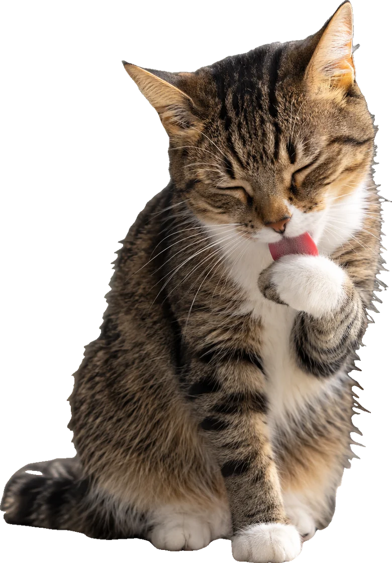 Gato rajado sentado lambendo a pata