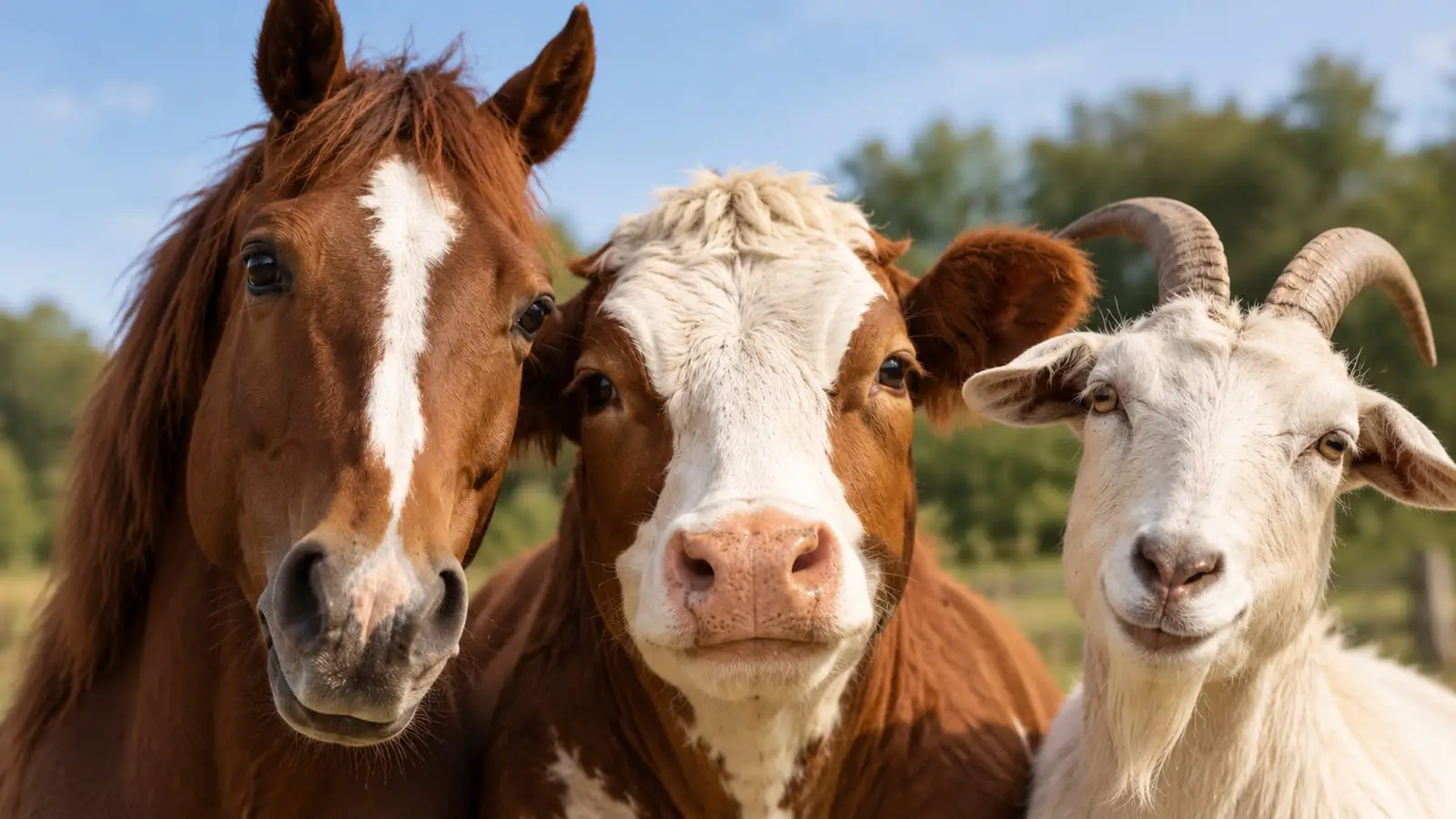 Cavalo, vaca e cabra lado a lado, de frente