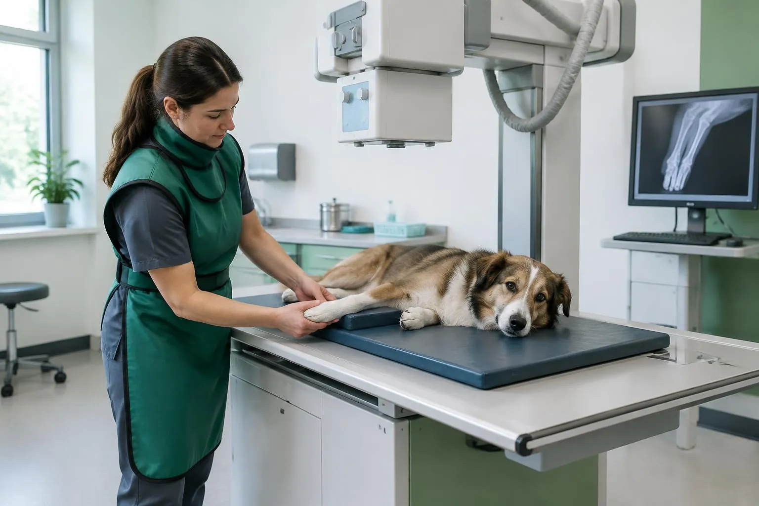 Médica-veterinária posicionando um cão para exame radiográfico
